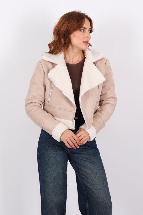 Çapraz Fermuarlı Kürklü Krem Kadın Süet Kısa Mont - 3