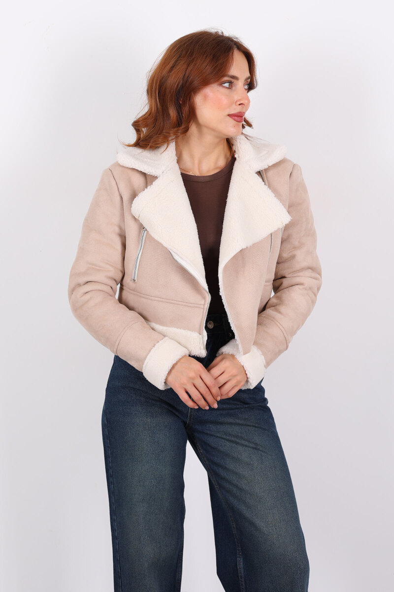 Çapraz Fermuarlı Kürklü Krem Kadın Süet Kısa Mont - 3