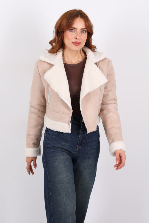 Çapraz Fermuarlı Kürklü Krem Kadın Süet Kısa Mont - 5