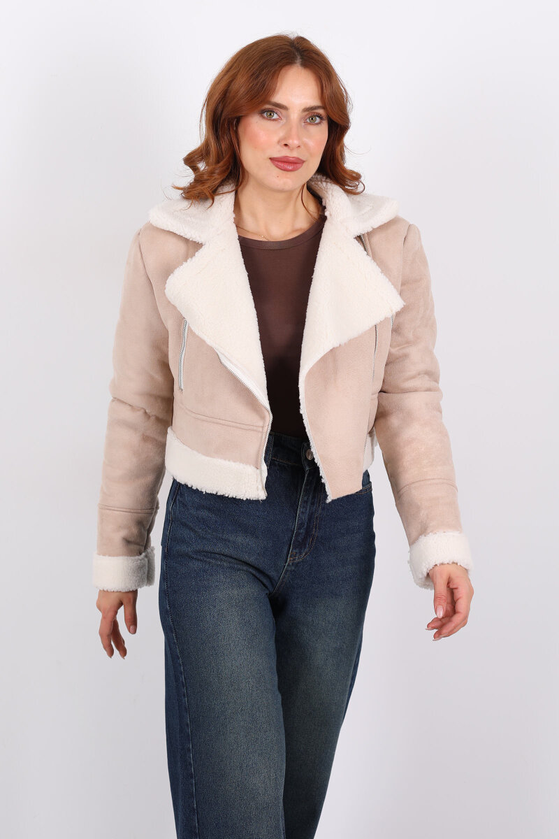 Çapraz Fermuarlı Kürklü Krem Kadın Süet Kısa Mont - 5