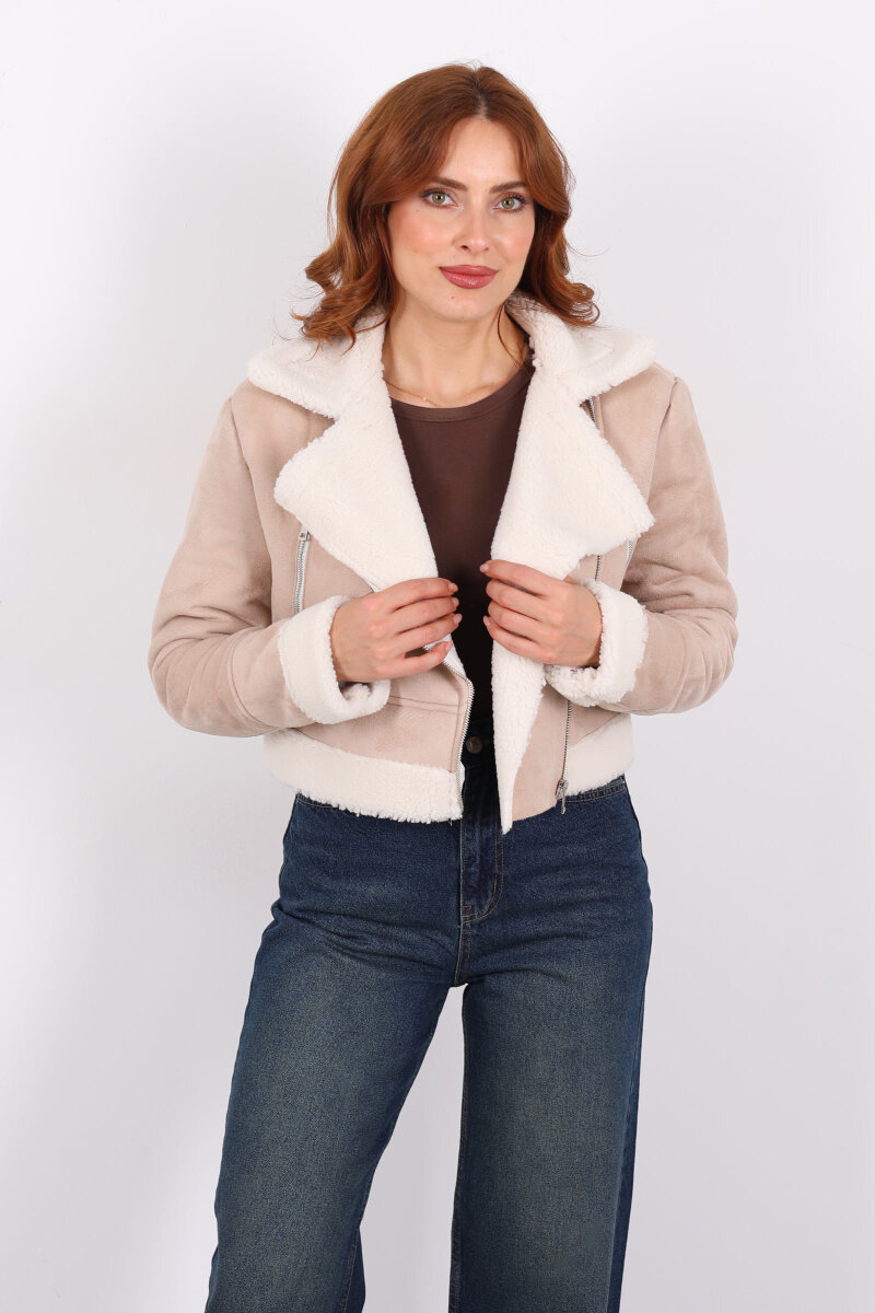 Çapraz Fermuarlı Kürklü Krem Kadın Süet Kısa Mont - 1