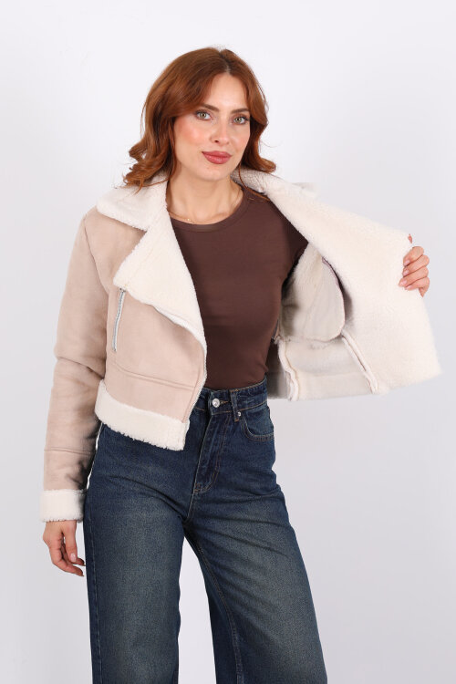 Çapraz Fermuarlı Kürklü Krem Kadın Süet Kısa Mont - 4