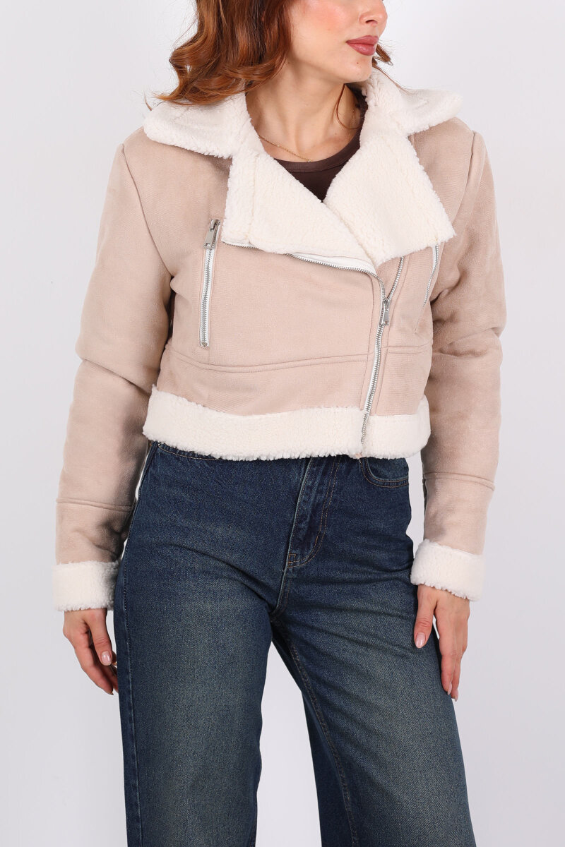 Çapraz Fermuarlı Kürklü Krem Kadın Süet Kısa Mont - 2