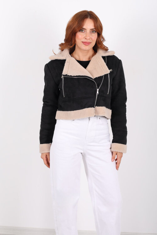 Çapraz Fermuarlı Kürklü Siyah Kadın Süet Kısa Mont - 6