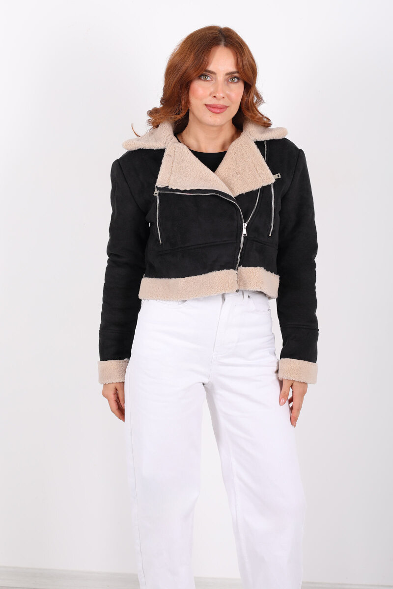 Çapraz Fermuarlı Kürklü Siyah Kadın Süet Kısa Mont - 6