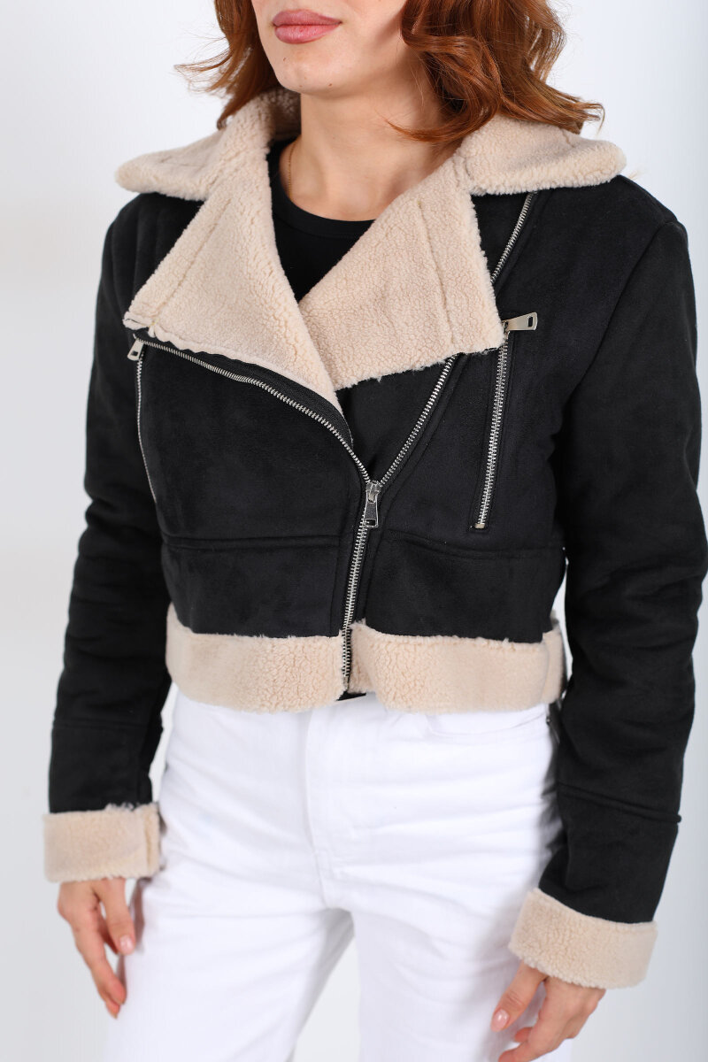 Çapraz Fermuarlı Kürklü Siyah Kadın Süet Kısa Mont - 2