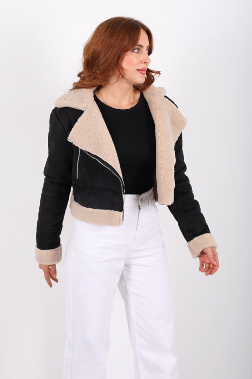 Çapraz Fermuarlı Kürklü Siyah Kadın Süet Kısa Mont - Berox