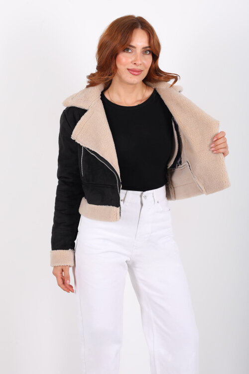 Çapraz Fermuarlı Kürklü Siyah Kadın Süet Kısa Mont - 3