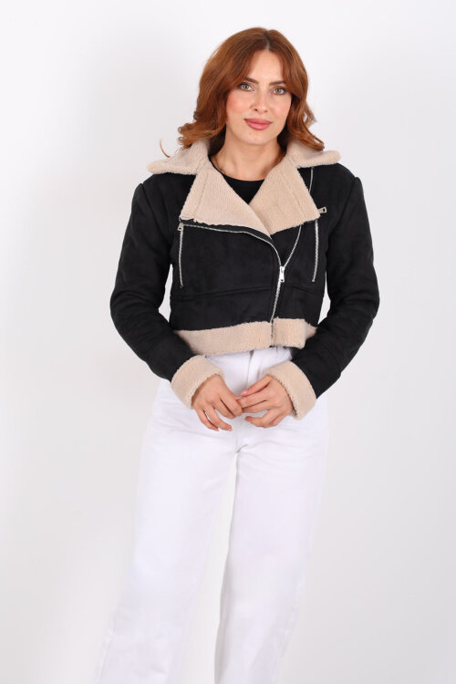 Çapraz Fermuarlı Kürklü Siyah Kadın Süet Kısa Mont - 4