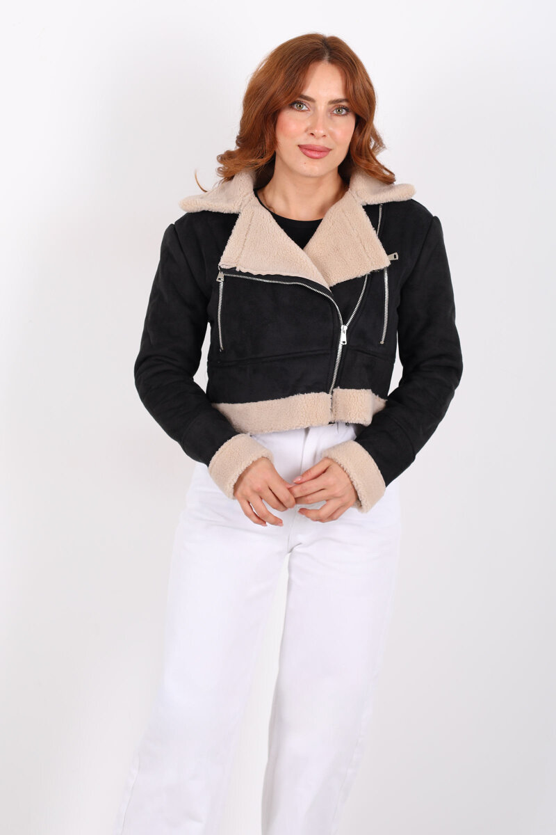 Çapraz Fermuarlı Kürklü Siyah Kadın Süet Kısa Mont - 4