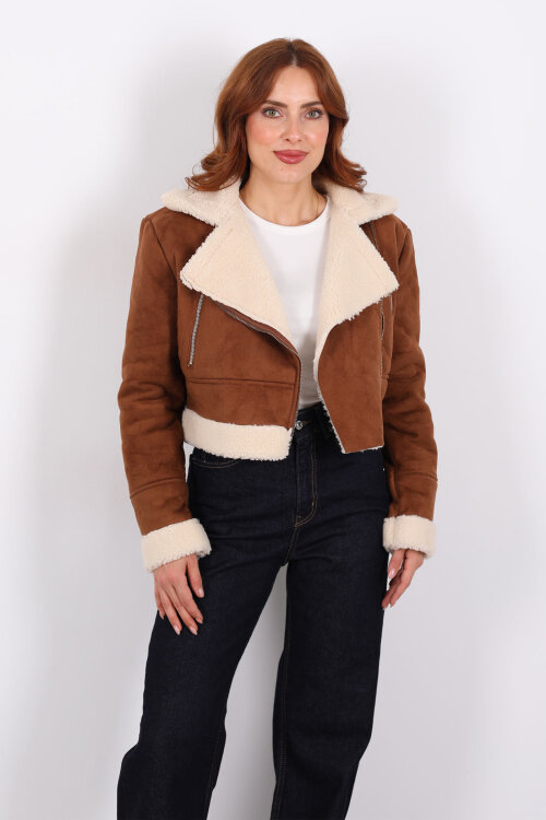 Çapraz Fermuarlı Kürklü Taba Kadın Süet Kısa Mont - 7