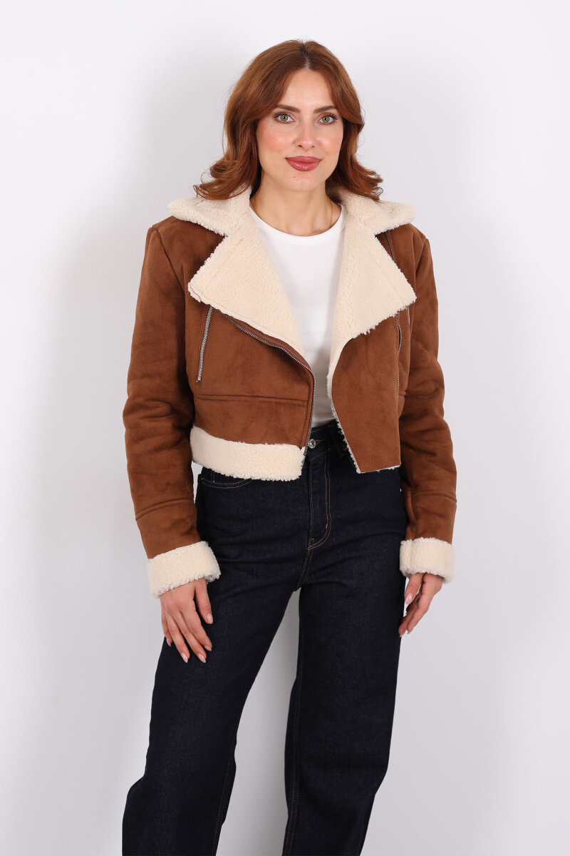 Çapraz Fermuarlı Kürklü Taba Kadın Süet Kısa Mont - 7