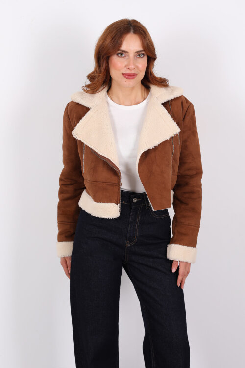 Çapraz Fermuarlı Kürklü Taba Kadın Süet Kısa Mont - 5