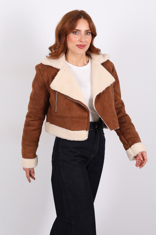 Çapraz Fermuarlı Kürklü Taba Kadın Süet Kısa Mont - Berox