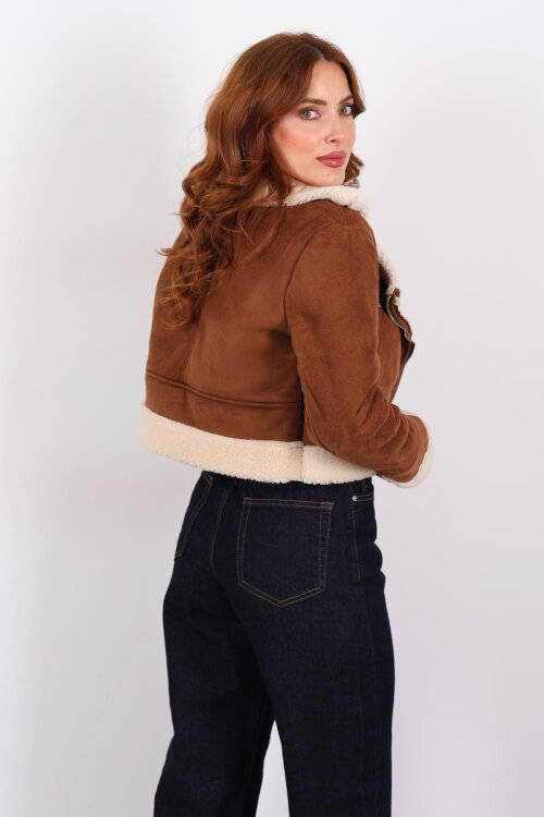 Çapraz Fermuarlı Kürklü Taba Kadın Süet Kısa Mont - 6