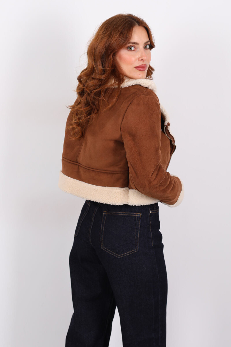 Çapraz Fermuarlı Kürklü Taba Kadın Süet Kısa Mont - 6