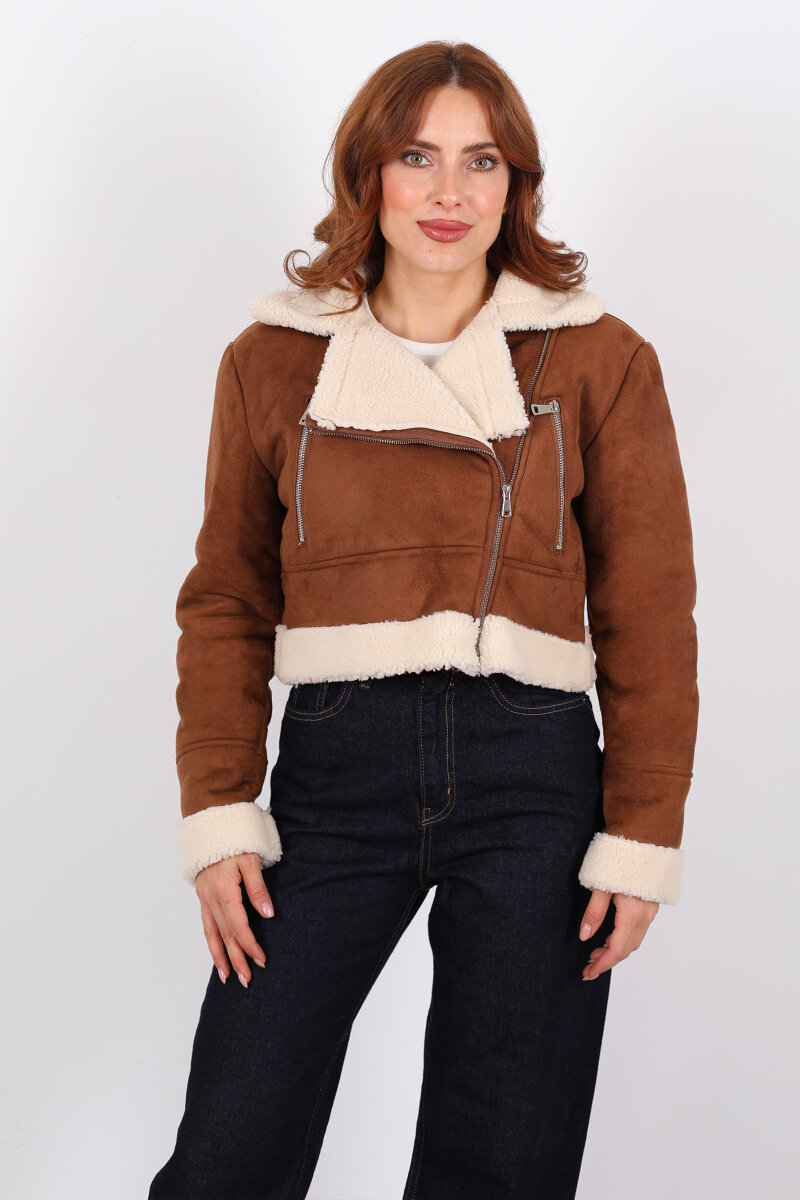 Çapraz Fermuarlı Kürklü Taba Kadın Süet Kısa Mont - 3