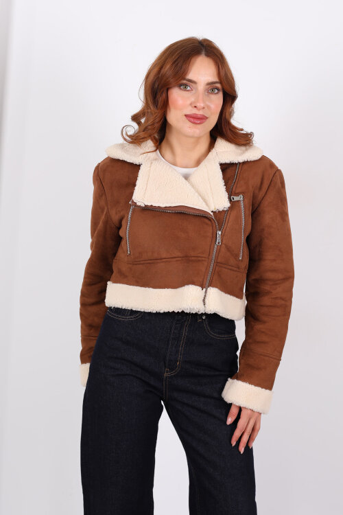 Çapraz Fermuarlı Kürklü Taba Kadın Süet Kısa Mont - 4