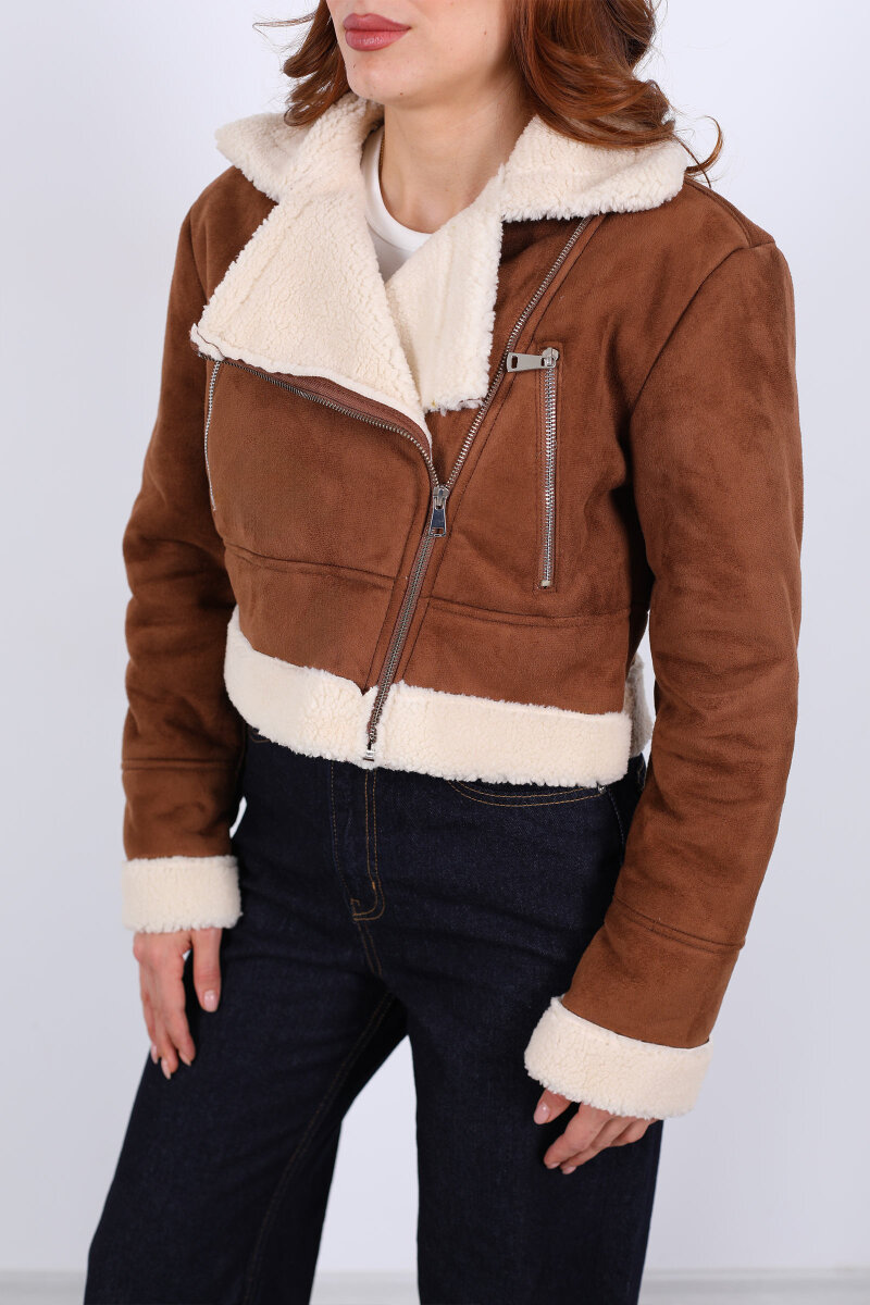 Çapraz Fermuarlı Kürklü Taba Kadın Süet Kısa Mont - 2