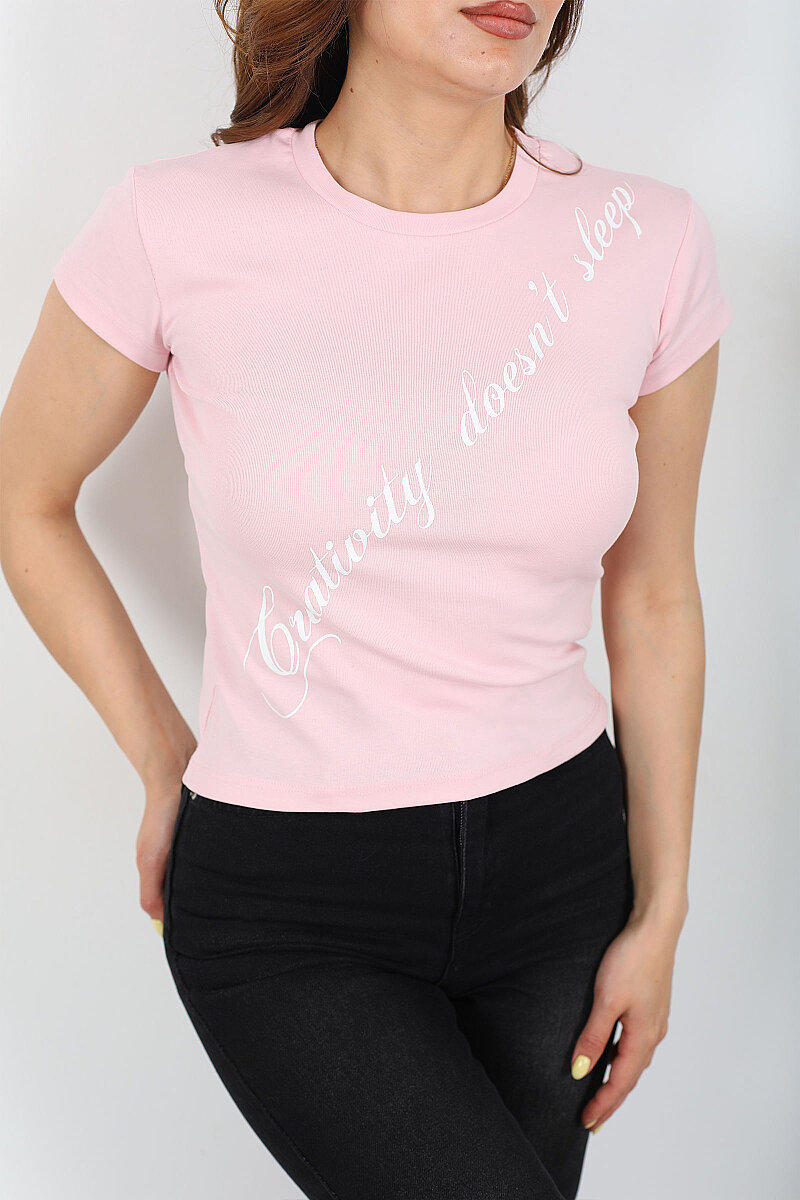 Çapraz Yazılı Kısa Kol Pembe Kadın Body - 2