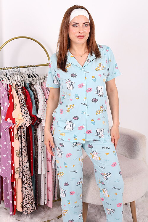 'Cat' Desenli Düğmeli Turkuaz Kadın Pijama Takımı - 3