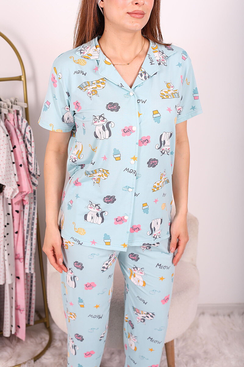 'Cat' Desenli Düğmeli Turkuaz Kadın Pijama Takımı - 2