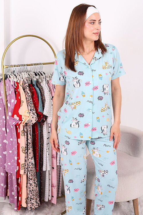 'Cat' Desenli Düğmeli Turkuaz Kadın Pijama Takımı - 4