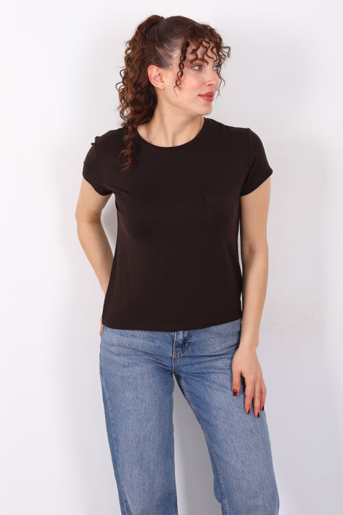 Cep Detaylı Bisiklet Yaka Acı Kahve Kadın T-Shirt - 3