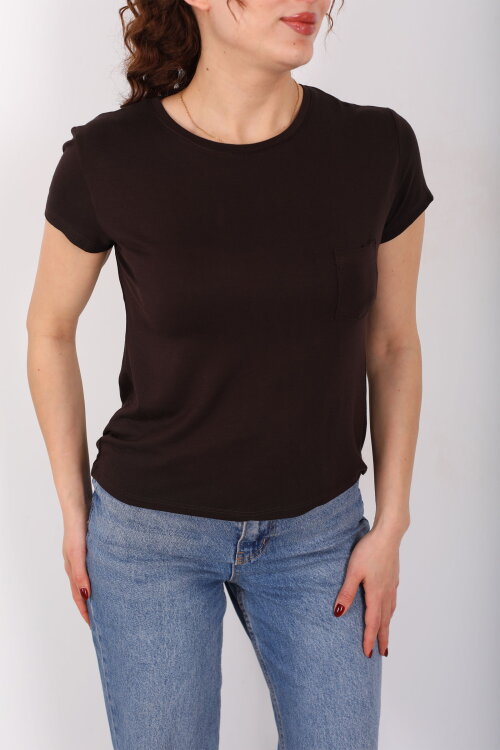 Cep Detaylı Bisiklet Yaka Acı Kahve Kadın T-Shirt - Berox (1)