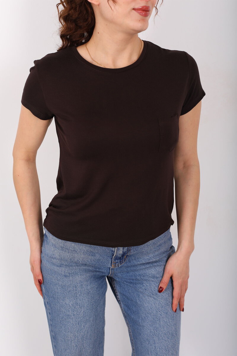 Cep Detaylı Bisiklet Yaka Acı Kahve Kadın T-Shirt - 2