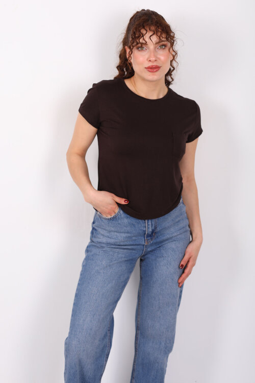 Cep Detaylı Bisiklet Yaka Acı Kahve Kadın T-Shirt - 4