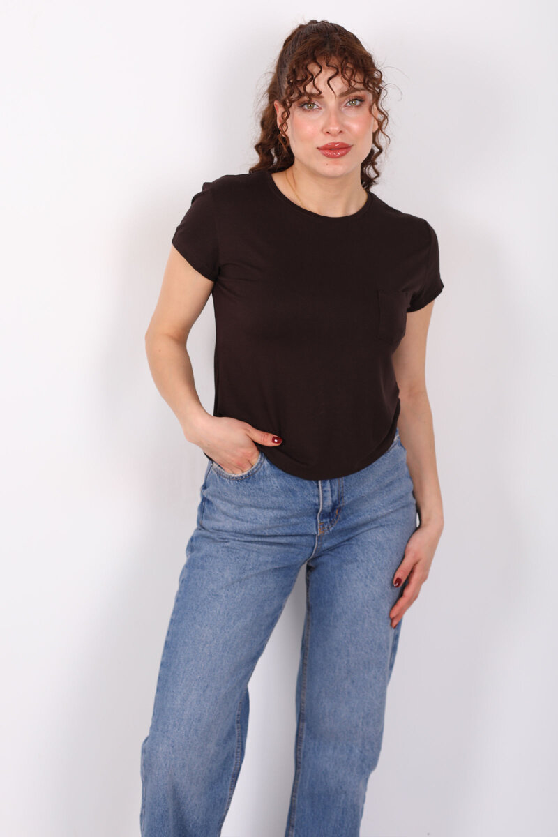 Cep Detaylı Bisiklet Yaka Acı Kahve Kadın T-Shirt - 4