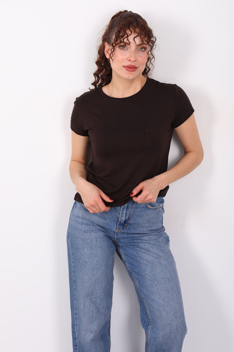 Cep Detaylı Bisiklet Yaka Acı Kahve Kadın T-Shirt - 1