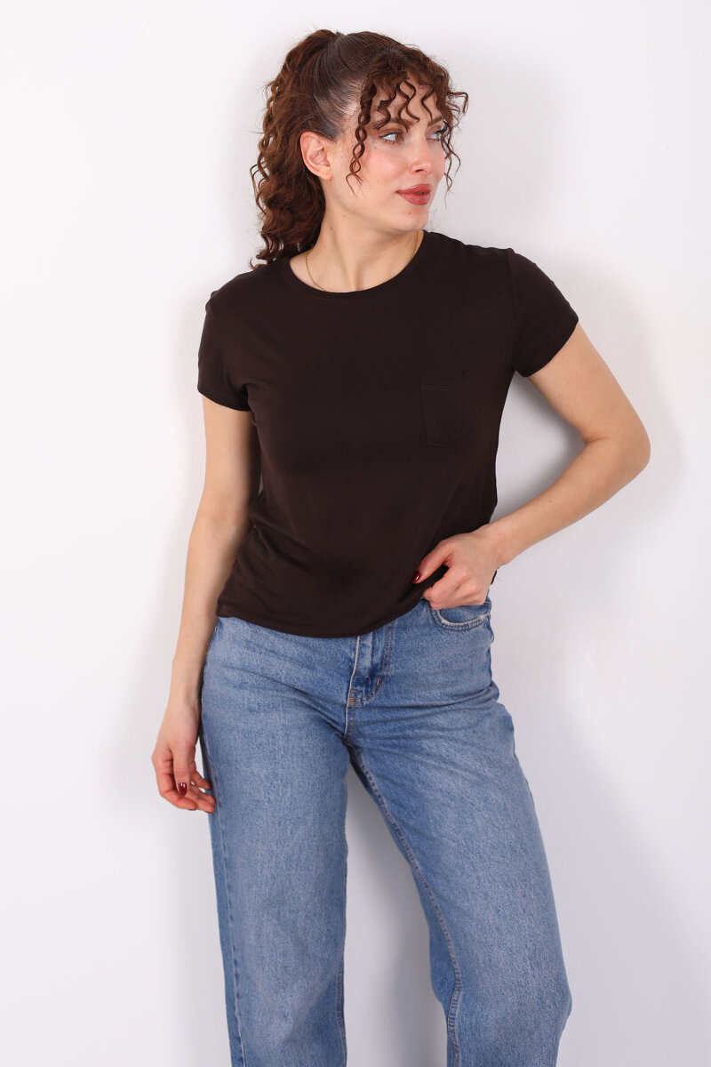 Cep Detaylı Bisiklet Yaka Acı Kahve Kadın T-Shirt - 6