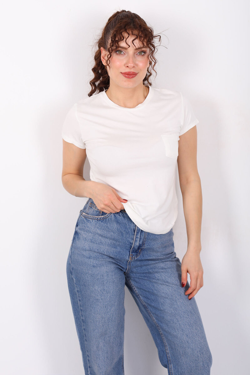 Cep Detaylı Bisiklet Yaka Ekru Kadın T-Shirt - 6