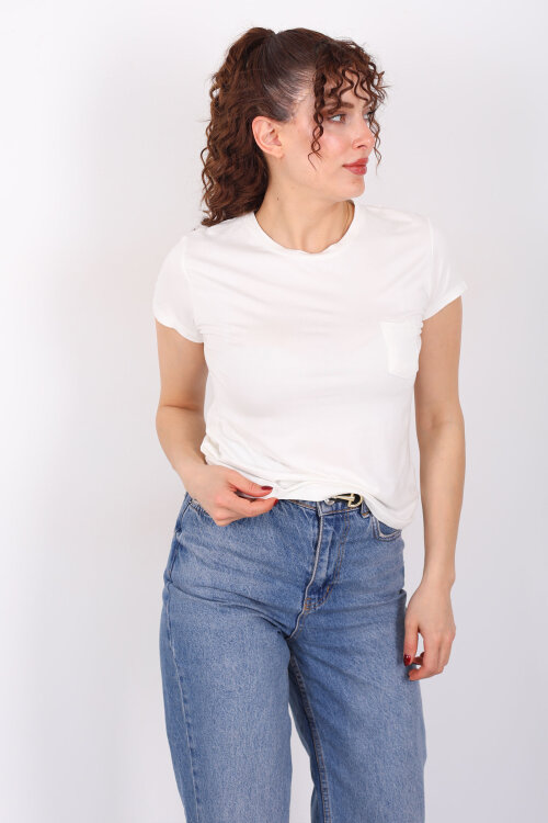 Cep Detaylı Bisiklet Yaka Ekru Kadın T-Shirt - 4