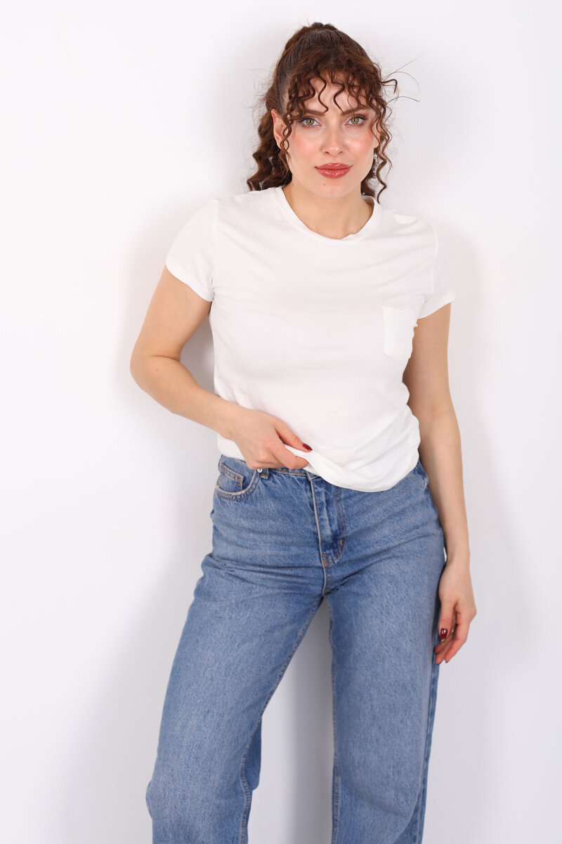 Cep Detaylı Bisiklet Yaka Ekru Kadın T-Shirt - 3