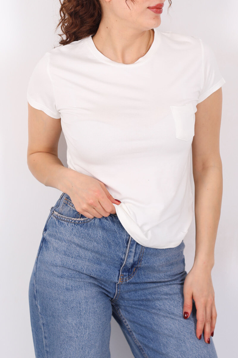 Cep Detaylı Bisiklet Yaka Ekru Kadın T-Shirt - 2