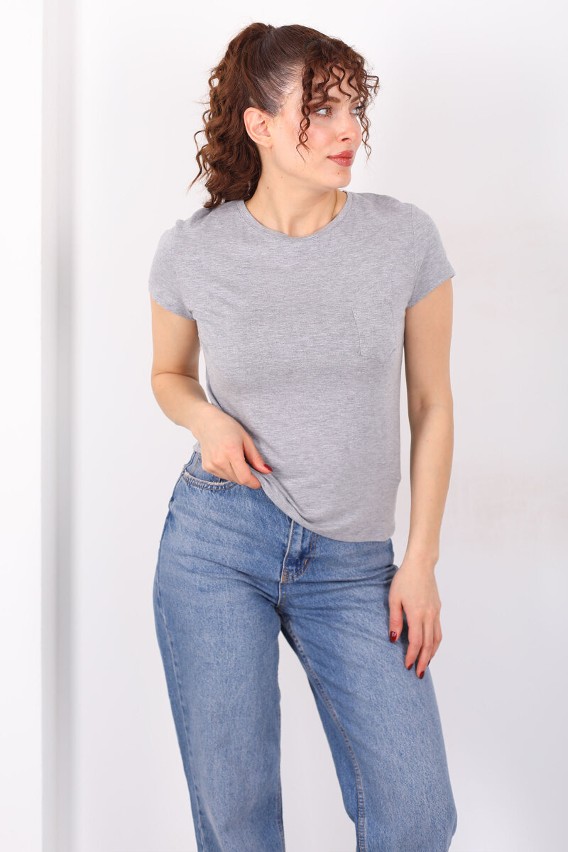 Cep Detaylı Bisiklet Yaka Gri Kadın T-Shirt - 3