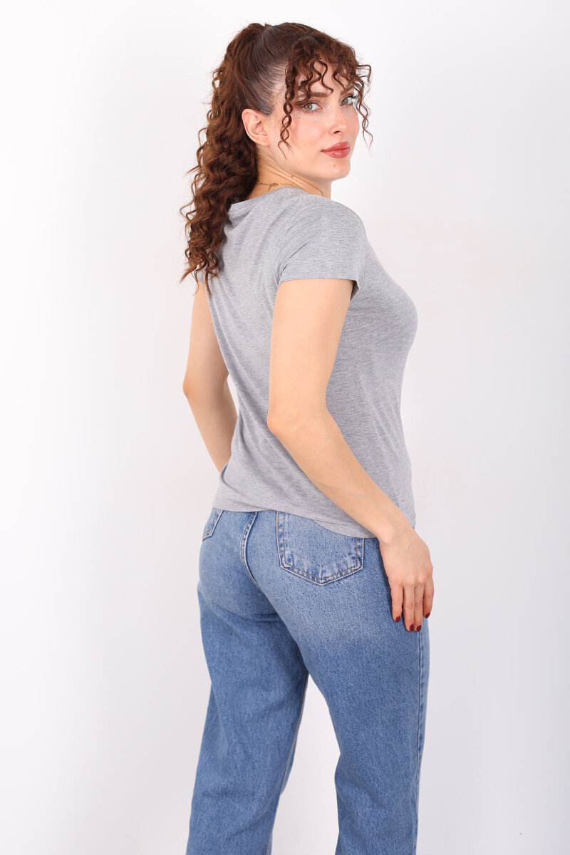 Cep Detaylı Bisiklet Yaka Gri Kadın T-Shirt - 5