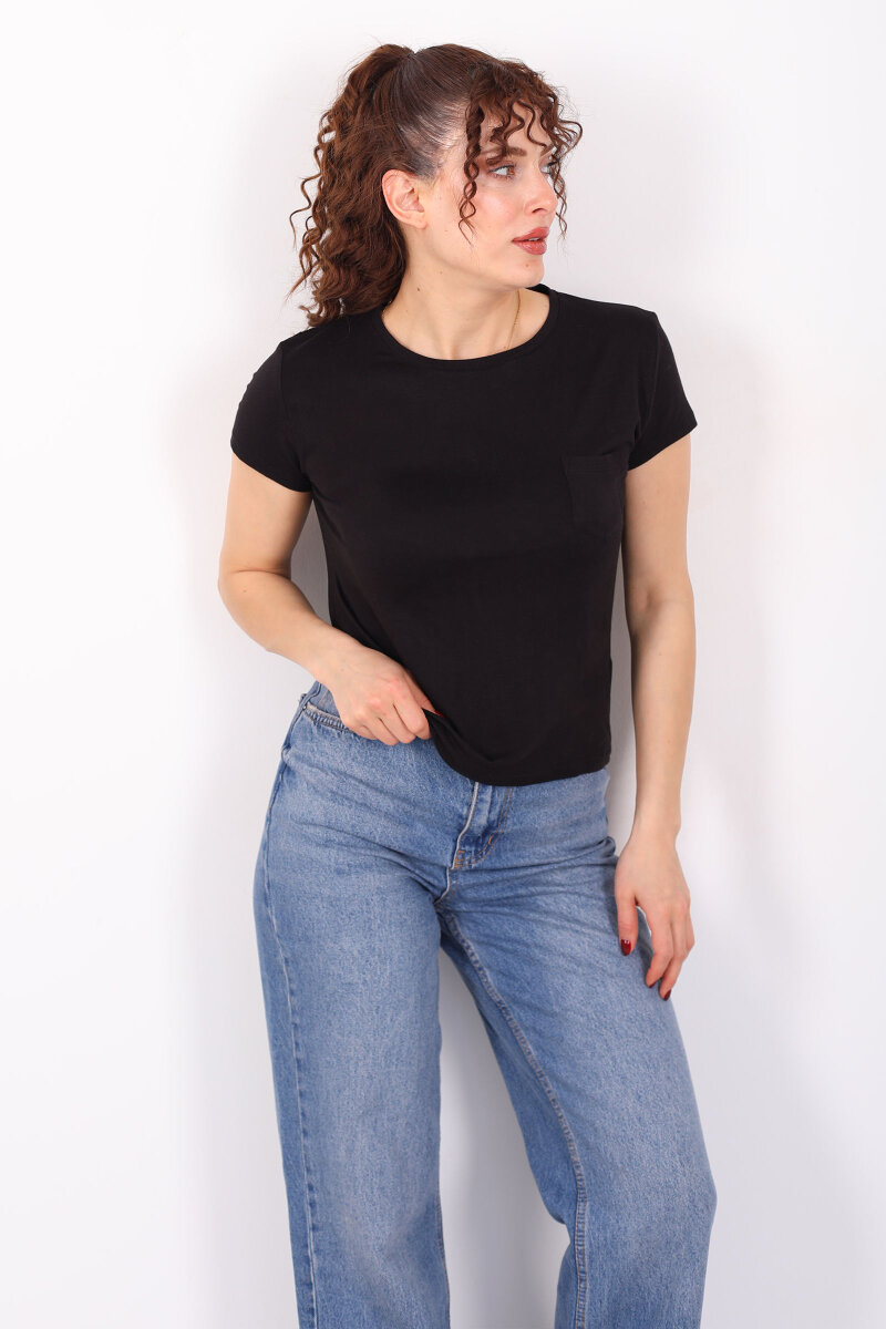 Cep Detaylı Bisiklet Yaka Siyah Kadın T-Shirt - 5