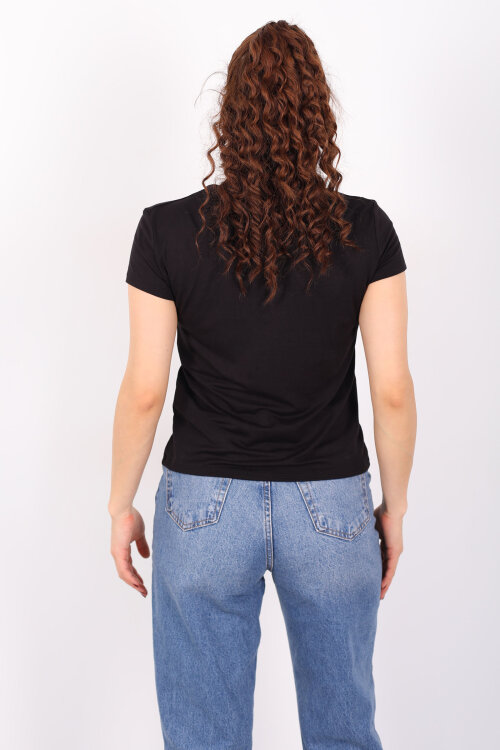 Cep Detaylı Bisiklet Yaka Siyah Kadın T-Shirt - 4