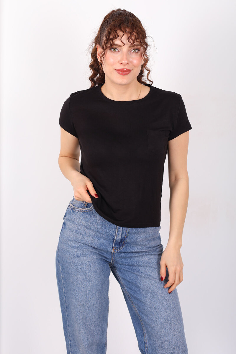 Cep Detaylı Bisiklet Yaka Siyah Kadın T-Shirt - 1