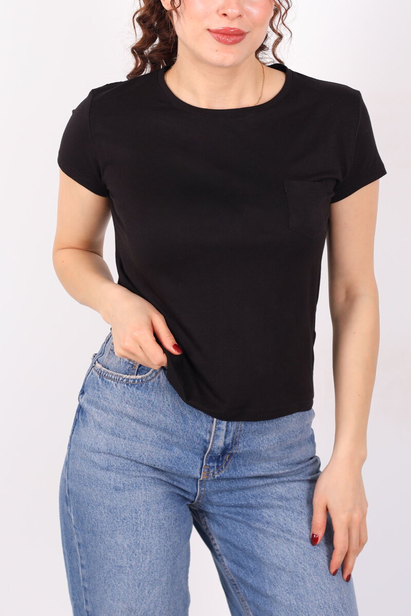 Cep Detaylı Bisiklet Yaka Siyah Kadın T-Shirt - 2