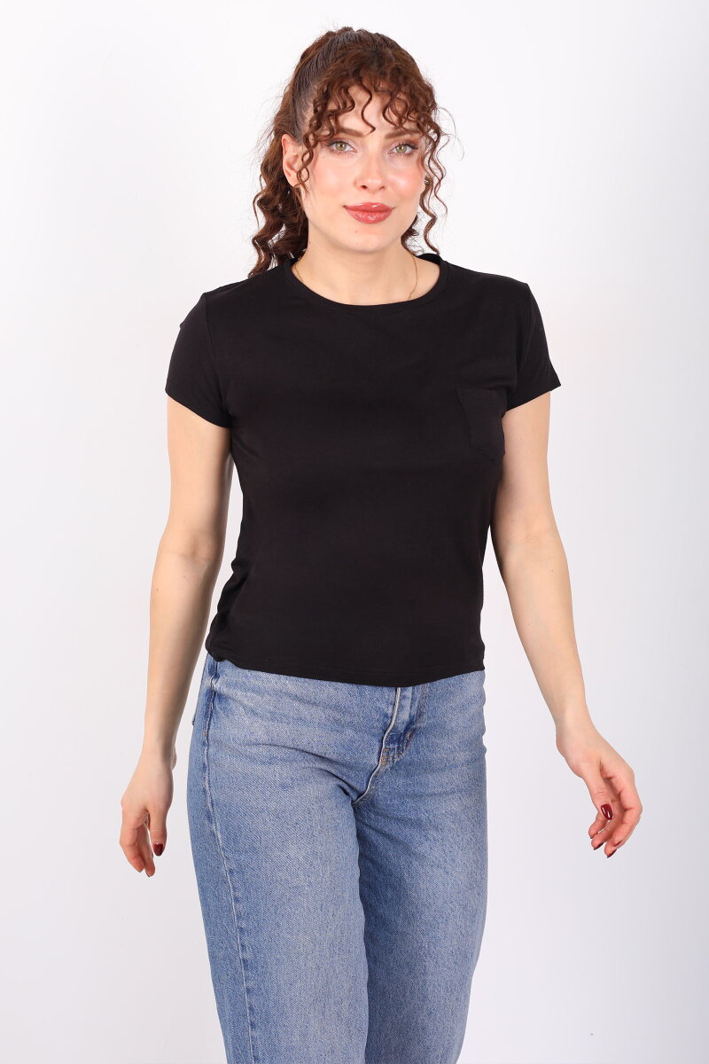 Cep Detaylı Bisiklet Yaka Siyah Kadın T-Shirt - 3