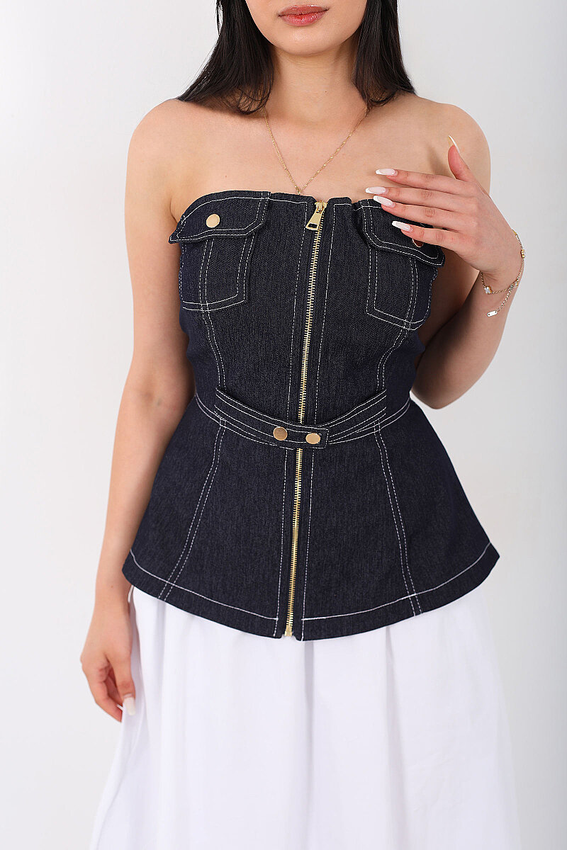 Cep Detaylı Fermuarlı Straplez Lacivert Kadın Denim Büstiyer - 2