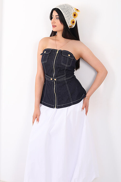 Cep Detaylı Fermuarlı Straplez Lacivert Kadın Denim Büstiyer - 7