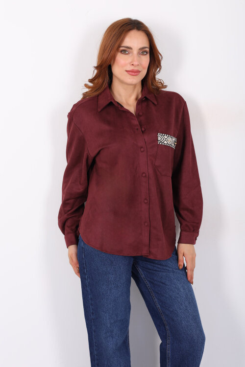 Cep Kapağı Desenli Oversize Bordo Kadın Süet Gömlek - 6