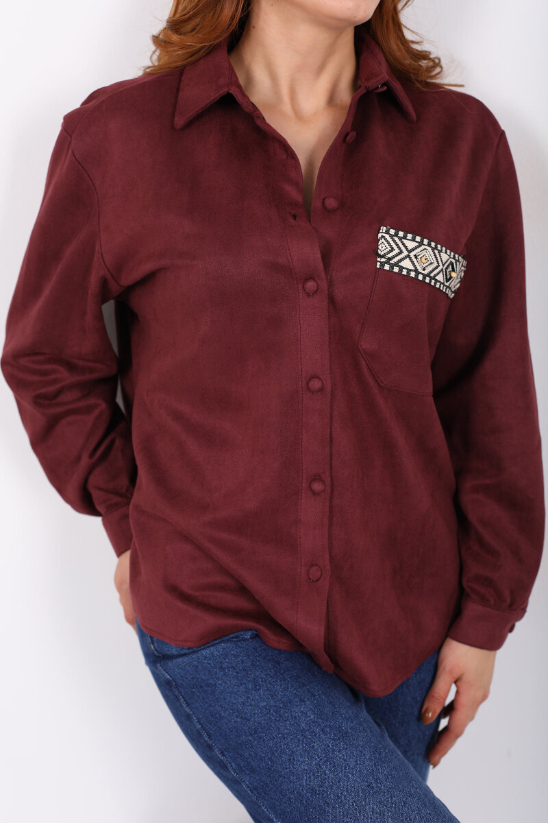 Cep Kapağı Desenli Oversize Bordo Kadın Süet Gömlek - 2