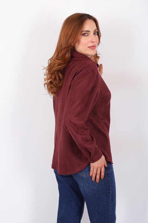 Cep Kapağı Desenli Oversize Bordo Kadın Süet Gömlek - 5